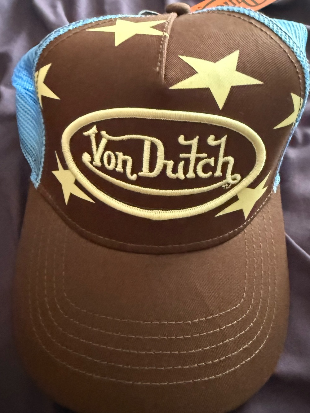 Von Dutch Brown Hat with Cream Stars and Blue Mesh
